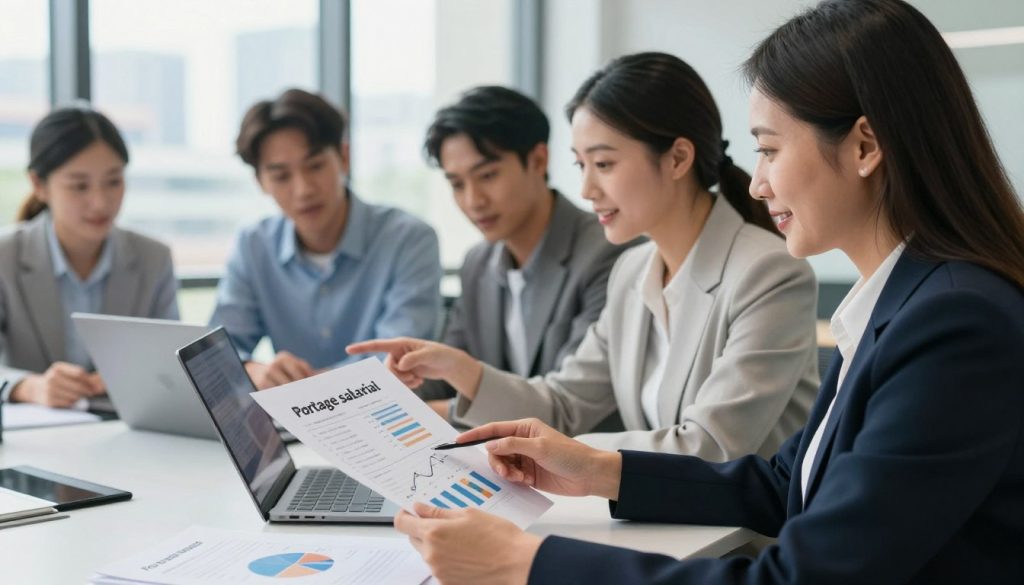 A professional, modern office setting, focusing on a diverse group of business people engaged in a discussion about salary and financial benefits of portage salarial. In the foreground, a middle-aged woman in a business suit analyzes documents displaying charts and graphs, conveying a sense of financial insight. The middle of the image features a diverse team of professionals—a young man and a woman—collaborating over a laptop, pointing at financial data that reflects security and flexibility. The background shows a bright, well-lit office with windows revealing a cityscape. The atmosphere is focused and optimistic, with natural lighting illuminating the workspace. The composition is captured with a slight depth-of-field effect, emphasizing the interaction among the team while subtly blurring the background for a professional touch. A professional, modern office setting, focusing on a diverse group of business people engaged in a discussion about salary and financial benefits of portage salarial. In the foreground, a middle-aged woman in a business suit analyzes documents displaying charts and graphs, conveying a sense of financial insight. The middle of the image features a diverse team of professionals—a young man and a woman—collaborating over a laptop, pointing at financial data that reflects security and flexibility. The background shows a bright, well-lit office with windows revealing a cityscape. The atmosphere is focused and optimistic, with natural lighting illuminating the workspace. The composition is captured with a slight depth-of-field effect, emphasizing the interaction among the team while subtly blurring the background for a professional touch.