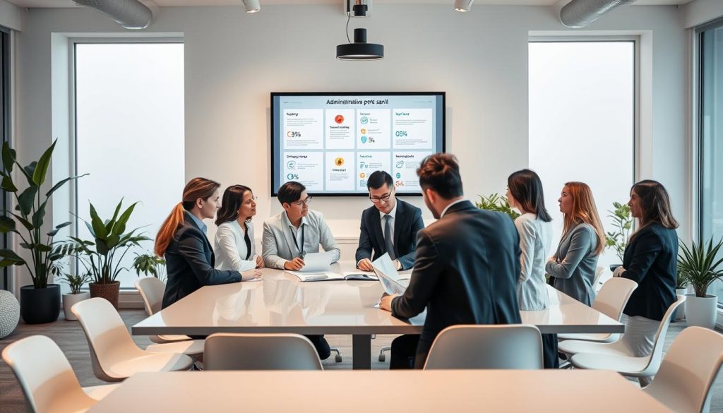 A professional, modern office setting illustrating administrative steps for freelance portage salarial. In the foreground, a diverse group of professionals in business attire are engaged in a discussion, reviewing documents on a sleek conference table. In the middle, a large wall-mounted screen displays infographics about administrative processes, set against a backdrop of minimalist office decor with plants and natural light pouring in through large windows. In the background, a supportive atmosphere is created by soft lighting and subtle colors. The mood feels focused and productive, emphasizing collaboration and professionalism in managing freelance activities. Capture this scene with a slightly elevated angle to encompass the group and the surrounding environment, using a warm light to enhance the welcoming atmosphere. A professional, modern office setting illustrating administrative steps for freelance portage salarial. In the foreground, a diverse group of professionals in business attire are engaged in a discussion, reviewing documents on a sleek conference table. In the middle, a large wall-mounted screen displays infographics about administrative processes, set against a backdrop of minimalist office decor with plants and natural light pouring in through large windows. In the background, a supportive atmosphere is created by soft lighting and subtle colors. The mood feels focused and productive, emphasizing collaboration and professionalism in managing freelance activities. Capture this scene with a slightly elevated angle to encompass the group and the surrounding environment, using a warm light to enhance the welcoming atmosphere.