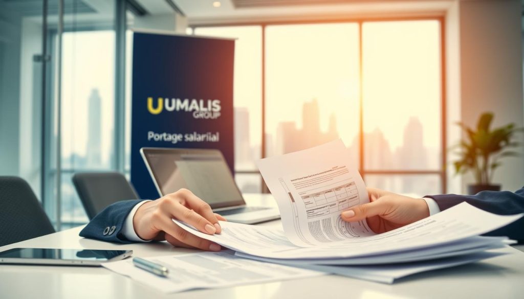 A professional, modern office setting with a clean, minimalist aesthetic. In the foreground, a businessperson's hands are reviewing paperwork, including contract documents, invoices, and compliance checklists, reflecting the "contrats, gestion, facturation et conformité" theme. In the middle ground, a laptop and a Umalis Group logo are visible, indicating the professional nature of the portage salarial service. The background features a large window overlooking a city skyline, suggesting the progressive, forward-thinking nature of the industry. The lighting is soft and warm, creating a calm and productive atmosphere.