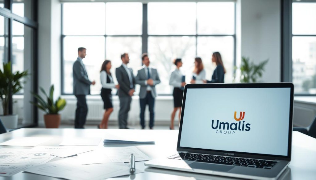 A professional, modern office setting with a clean, minimalist aesthetic. In the foreground, a desk with various documents and a laptop prominently displaying the Umalis Group brand. In the middle ground, several people in business attire engaged in discussion, representing the different "types contrats portage salarial". The background features floor-to-ceiling windows, allowing natural light to flood the space and create a bright, airy atmosphere. The overall mood is one of professionalism, productivity, and attention to detail, reflecting the legal and contractual aspects of the "Statut Juridique du Salarié Porté".