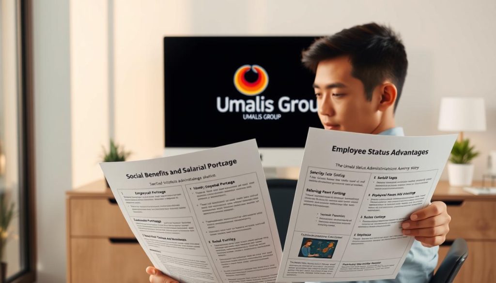 A professional, modern office setting with a desk, chair, and a computer monitor displaying the Umalis Group logo. In the foreground, a young professional is seated, reviewing documents detailing the social benefits and employee status advantages of the Umalis Group's salarial portage service. The lighting is warm and natural, reflecting the secure and supportive atmosphere of the workspace. The background features minimalist decor, emphasizing the focus on the subject matter. The overall scene conveys the idea of a reliable and comprehensive administrative solution for salarial portage, highlighting the Umalis Group's expertise in this domain.