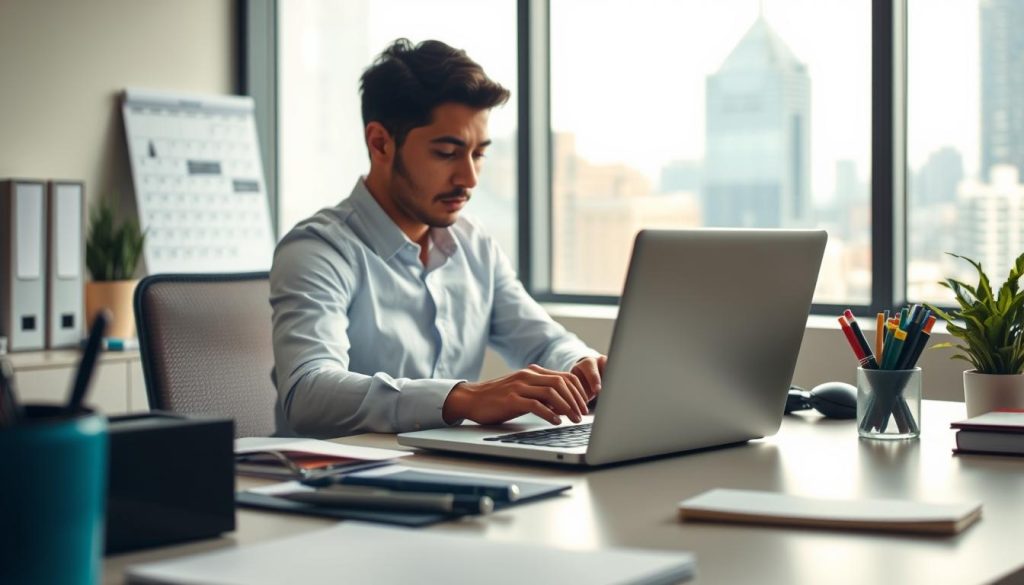 A professional, modern office setting with a desk, laptop, and various office supplies. In the foreground, a person is diligently managing their daily tasks, utilizing the Umalis Group's portage salarial services. The middle ground features a calendar, highlighting the daily activities and deadlines. The background showcases a window overlooking a bustling city, conveying a sense of productivity and efficiency. The lighting is soft and natural, creating a calming and focused atmosphere. The overall scene reflects the daily management and organization required for a successful portage salarial experience.