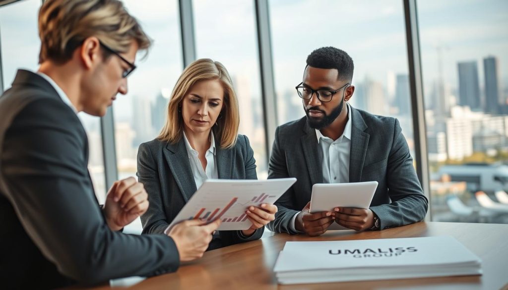 A professional, modern office setting with a diverse group of three individuals discussing a financial report. In the foreground, a middle-aged woman in business attire, looking thoughtfully at charts displayed on a tablet, while a young man in smart casual gear takes notes. In the middle background, a large glass window reveals a bustling cityscape, symbolizing progress and opportunity. Soft, natural lighting illuminates the scene, creating a warm and inviting atmosphere. On a desk, a branded folder with the UMALIS GROUP logo is visible, symbolizing professional security and stability. The overall mood is one of collaboration and empowerment, focusing on the importance of social protection and security in the international work environment.