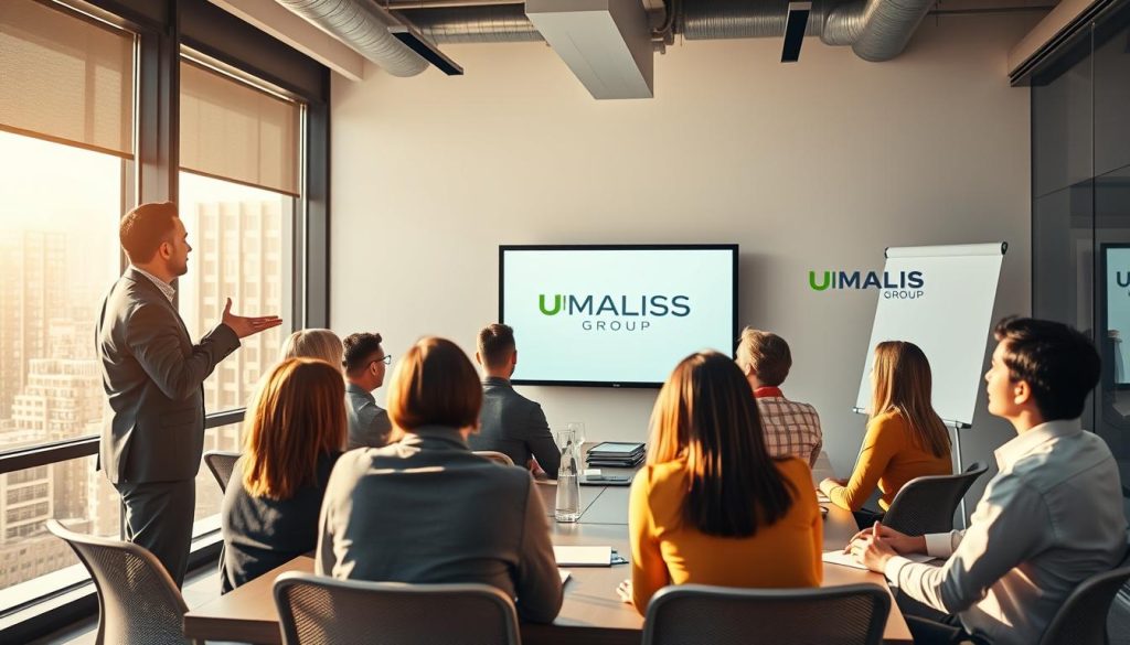 A professional, modern office setting with a group of people gathered around a conference table, engaged in a discussion about the concept of "portage salarial" (employee leasing) for trainers. The scene is bathed in warm, natural light filtering through large windows, creating a productive and collaborative atmosphere. In the foreground, a presenter stands, gesturing towards a digital presentation projected on a screen behind them. The middle ground features the attentive audience, taking notes and exchanging ideas. In the background, the UMALIS GROUP logo is discreetly displayed, signifying their expertise in this field. The overall mood is one of professionalism, learning, and empowerment.