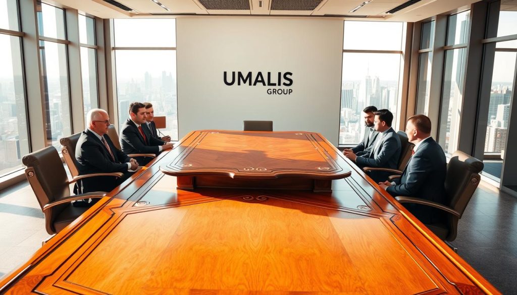 A professional, modern office setting with a large, ornate wooden conference table as the centerpiece. The room has floor-to-ceiling windows overlooking a cityscape, bathing the space in warm, natural light. Several well-dressed individuals sit around the table, engaged in a serious discussion. The UMALIS GROUP logo is prominently displayed on the wall behind them. The atmosphere is one of authority and deliberation, reflecting the gravity of the "Cas de Dispense Mutuelle" topic being discussed.