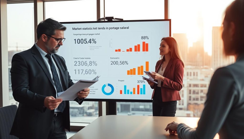 A professional, modern office setting with a large presentation screen displaying key market statistics and trends in portage salarial. In the foreground, a focused businessman in a neat suit examines a document, while a businesswoman nearby, dressed in smart casual attire, is discussing the data with a notepad in hand. The middle ground highlights analytical graphs and charts projected on the screen, showcasing numbers and percentages related to the freelance market. The background features a sleek city skyline visible through large windows, bathed in warm, natural lighting creating an inspiring atmosphere. Use a slightly elevated angle to capture the action and provide a sense of engagement with the statistics presented, reflecting a dynamic and informative mood. A professional, modern office setting with a large presentation screen displaying key market statistics and trends in portage salarial. In the foreground, a focused businessman in a neat suit examines a document, while a businesswoman nearby, dressed in smart casual attire, is discussing the data with a notepad in hand. The middle ground highlights analytical graphs and charts projected on the screen, showcasing numbers and percentages related to the freelance market. The background features a sleek city skyline visible through large windows, bathed in warm, natural lighting creating an inspiring atmosphere. Use a slightly elevated angle to capture the action and provide a sense of engagement with the statistics presented, reflecting a dynamic and informative mood.
