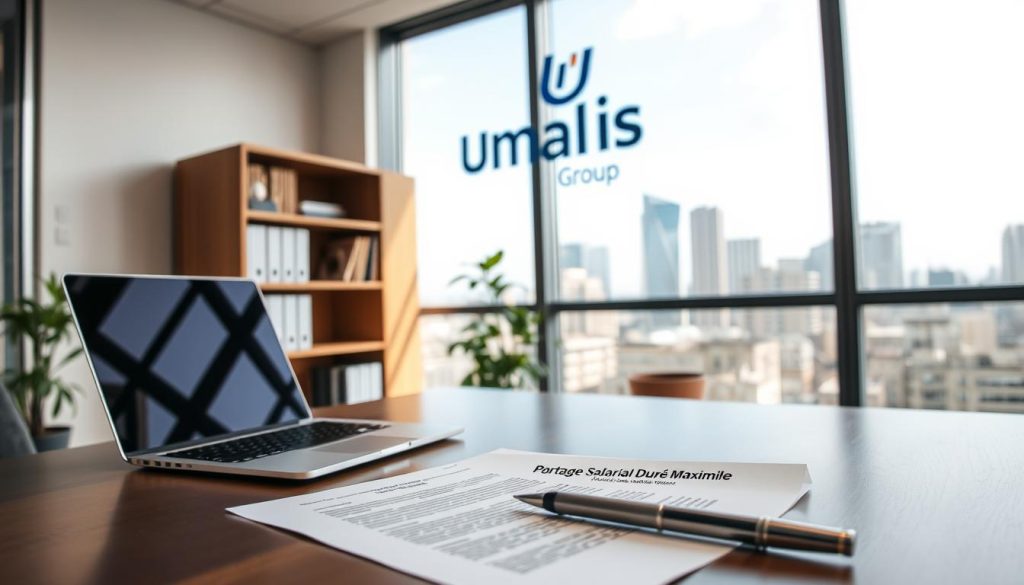 A professional, modern office setting with a large window overlooking a city skyline. In the foreground, a desk with a laptop, papers, and a "Umalis Group" logo on the wall behind it. On the desk, a contract labeled "Portage Salarial Durée Maximale" and a pen. The middle ground features a bookshelf and a potted plant, creating a sense of depth. The lighting is bright and diffused, creating a warm, professional atmosphere. The angle is slightly elevated, giving a sense of authority and importance to the subject matter.