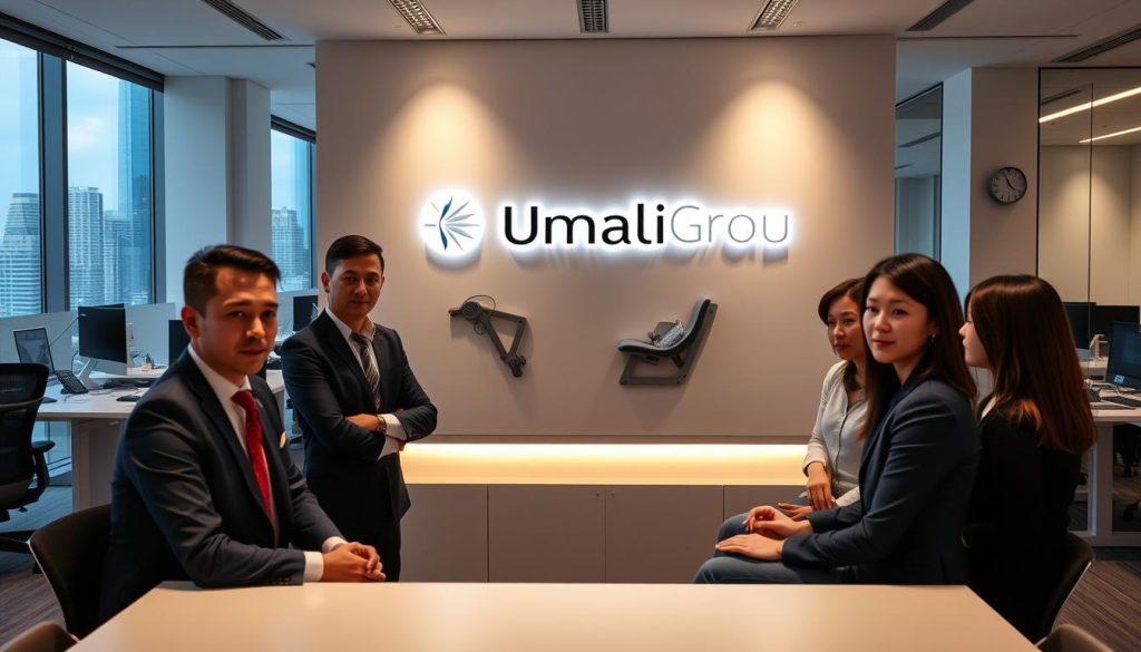 A professional, modern office setting with a sleek, minimalist design. In the foreground, a group of well-dressed individuals are engaged in a meeting, their expressions serious yet confident. The Umalis Group logo is prominently displayed on the wall behind them, illuminated by soft, warm lighting. In the middle ground, ergonomic workstations and collaborative spaces create a productive, dynamic atmosphere. The background features large windows overlooking a bustling city skyline, suggesting a well-established, reputable enterprise. The overall tone conveys a sense of security, professionalism, and support for the consultants working within this syndicates-endorsed portage salarial company.
