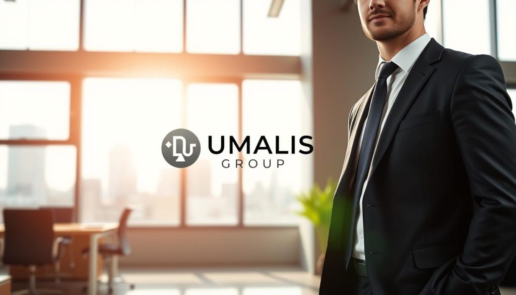 A professional, modern office setting with bright, natural lighting filtering through large windows. In the foreground, a well-dressed business executive stands confidently, conveying the security and flexibility of a "salaried portage" arrangement. In the middle ground, the UMALIS GROUP logo is prominently displayed, representing the trusted provider of this service. The background features a cityscape skyline, symbolizing the career opportunities and growth potential enabled by this transition. The overall mood is one of empowerment, professionalism, and the promise of a rewarding future.