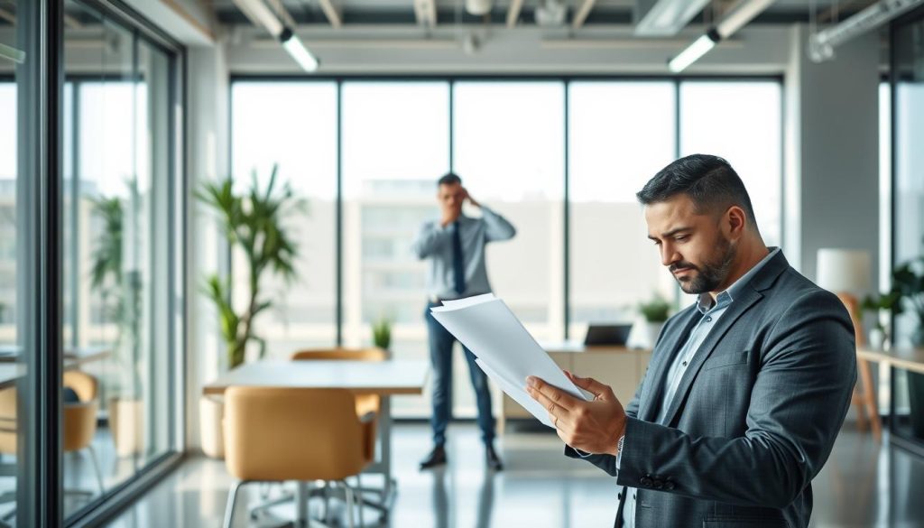 A professional, modern office setting with natural lighting, showcasing the advantages of Umalis Group's payroll outsourcing services. In the foreground, a businessman reviewing financial documents, representing the ease of managing payroll with Umalis Group's solutions. The middle ground depicts a contrast between a freelancer struggling with unpaid invoices and a Umalis Group employee confidently handling their finances. The background features sleek, minimalist decor, reinforcing the professionalism and efficiency of Umalis Group's payroll services. The overall atmosphere conveys a sense of control, organization, and the benefits of Umalis Group's payroll outsourcing compared to the challenges faced by independent contractors.