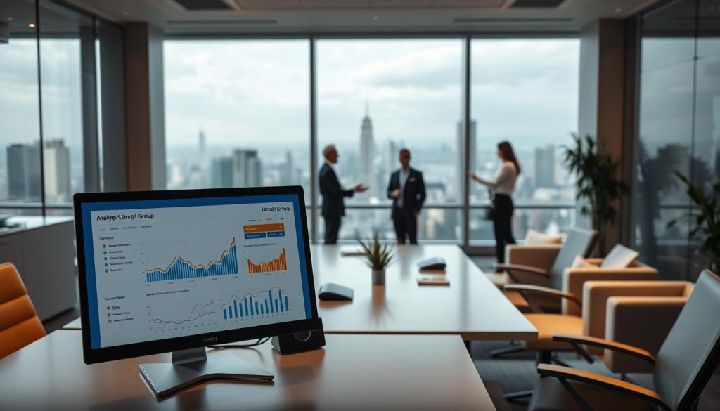 A professional, modern office setting with sleek furniture and minimalist decor. In the foreground, a desktop computer with an analytics dashboard displaying key metrics and visualizations related to client satisfaction. On the desk, a stylized Umalis Group logo is prominently featured. Soft, directional lighting illuminates the scene, creating a warm, inviting atmosphere. The middle ground showcases a team of business professionals engaged in a collaborative discussion, gesturing towards the analytics on the computer screen. In the background, floor-to-ceiling windows offer a panoramic view of a bustling cityscape, symbolizing the wider scope of the client management landscape. The overall tone conveys a sense of data-driven, strategic client engagement within the Umalis Group corporate environment.