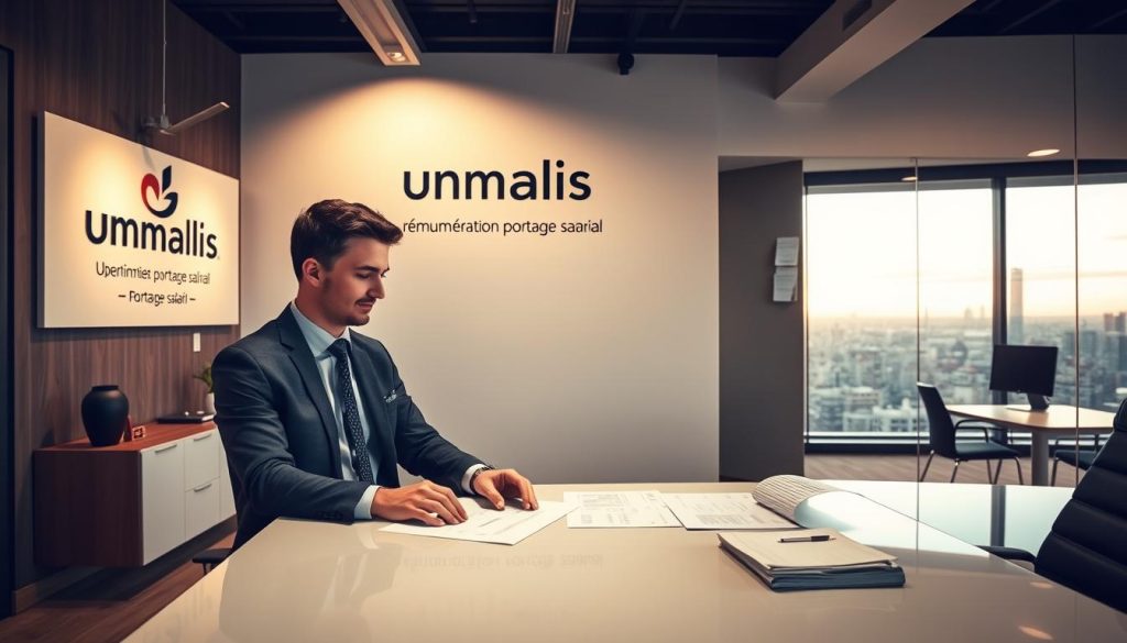 A professional, modern office setting with the Umalis Group logo prominently displayed on the wall. In the foreground, a well-dressed person sits at a sleek desk, reviewing financial documents and calculations related to "rémunération portage salarial". The lighting is warm and inviting, creating a sense of productivity and success. The middle ground features additional office furniture and decor, while the background showcases a panoramic city skyline, suggesting the client's access to advanced resources and opportunities. The overall mood is one of confidence, expertise, and financial security associated with the Umalis Group's portage salarial services. A professional, modern office setting with the Umalis Group logo prominently displayed on the wall. In the foreground, a well-dressed person sits at a sleek desk, reviewing financial documents and calculations related to "rémunération portage salarial". The lighting is warm and inviting, creating a sense of productivity and success. The middle ground features additional office furniture and decor, while the background showcases a panoramic city skyline, suggesting the client's access to advanced resources and opportunities. The overall mood is one of confidence, expertise, and financial security associated with the Umalis Group's portage salarial services.