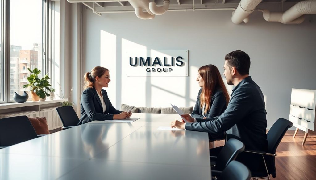 A professional, modern office setting with three employees discussing a contract related to "contrats portage salarial". The scene is well-lit with natural light flooding in through large windows, casting a warm, productive atmosphere. In the foreground, the employees are gathered around a sleek, minimalist conference table, dressed in business attire, engaged in a thoughtful discussion. The UMALIS GROUP logo is prominently displayed on the wall behind them. In the background, the office space is decorated with modern, Scandinavian-inspired furnishings, adding to the clean, sophisticated look. The overall mood conveys a sense of collaboration, professionalism, and the advantages of the "contrats portage salarial" system.