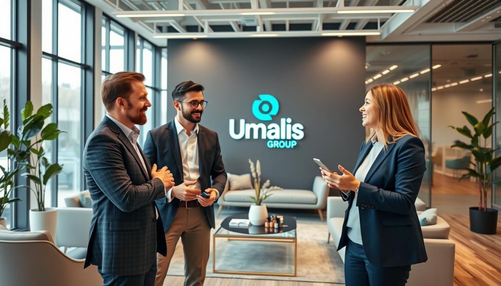 A professional, modern office setting with two employees discussing flexible employment options. In the foreground, a well-dressed man and woman are engaged in an animated conversation, surrounded by the Umalis Group logo displayed prominently on the wall behind them. The middle ground features sleek, minimalist furniture and decor, creating a sophisticated, tech-forward atmosphere. The background is filled with floor-to-ceiling windows, allowing natural light to flood the space and convey a sense of openness and flexibility. The overall scene captures the innovative and adaptable nature of Umalis Group's flexible employment offerings.
