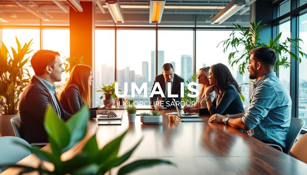 A professional, modern office space capturing the essence of freelance work and portage salarial. In the foreground, a diverse group of professionals in business attire, engaged in a collaborative discussion around a polished wooden table, showcasing a mix of focus and inspiration. In the middle ground, large windows let in ample natural light, illuminating the space filled with green plants and contemporary decor, symbolizing growth and opportunity. The background features a city skyline, adding a sense of ambition and progress. The atmosphere is vibrant yet professional, with warm lighting that creates an inviting ambiance. Highlight the brand logo "UMALIS GROUP" subtly integrated into the decor, reflecting a connection to the subject matter of exploring opportunities in portage salarial. A professional, modern office space capturing the essence of freelance work and portage salarial. In the foreground, a diverse group of professionals in business attire, engaged in a collaborative discussion around a polished wooden table, showcasing a mix of focus and inspiration. In the middle ground, large windows let in ample natural light, illuminating the space filled with green plants and contemporary decor, symbolizing growth and opportunity. The background features a city skyline, adding a sense of ambition and progress. The atmosphere is vibrant yet professional, with warm lighting that creates an inviting ambiance. Highlight the brand logo "UMALIS GROUP" subtly integrated into the decor, reflecting a connection to the subject matter of exploring opportunities in portage salarial.