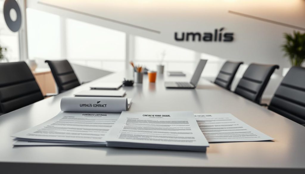 A professional, modern office space showcasing a variety of employee contract types used by the Umalis Group in their staff leasing services. In the foreground, detailed paperwork and documents representing different "contrats de portage salarial" are neatly arranged on a sleek, minimalist desk, bathed in soft, directional lighting. In the middle ground, a laptop and office supplies hint at the administrative processes involved. The background features abstract shapes and lines, creating a sense of structure and organization, complementing the Umalis Group branding. The overall scene conveys the diversity and professionalism of the staff leasing solutions offered by this leading French company.