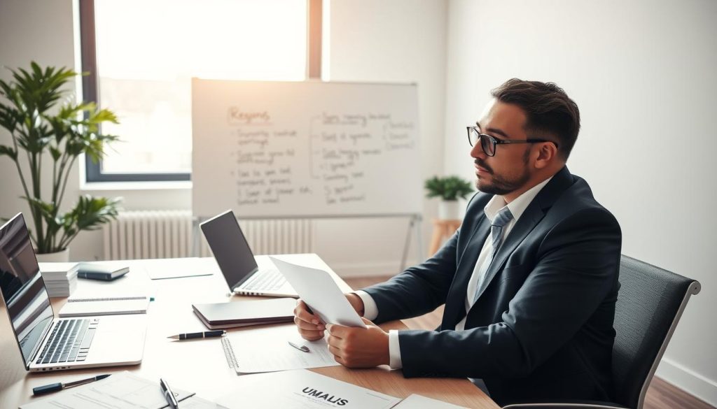 A professional, modern office workspace, with a focus on the key steps for resigning in a "portage salarial" context. In the foreground, a confident independent worker in business attire is seated at a desk, looking thoughtfully at a resignation letter. Around the desk, various documents and a laptop are displayed, reflecting organizational tools for freelancers. In the middle ground, a whiteboard is visible with written steps for resigning highlighted in an organized manner. The background features a large window with natural light streaming in, casting a warm glow over the scene. The atmosphere is calm and focused, emphasizing professionalism and clarity. Incorporate subtle branding elements of "UMALIS GROUP" in the workspace, without overemphasizing. Use a slightly elevated angle to encompass the entire setup, capturing a sense of balance and intention in the atmosphere.