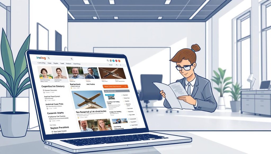 A professional, modern website design with a stylish, minimalist aesthetic. In the foreground, a laptop screen displays a comprehensive online directory, showcasing various business listings and profiles. In the middle ground, a person is carefully crafting a well-researched guest post, meticulously editing the content. The background features a sleek, contemporary office space with clean lines, abundant natural light, and minimalist decor. The overall atmosphere conveys a sense of productivity, digital expertise, and a strategic approach to elevating one's professional online presence.