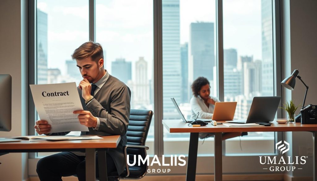 A professional, modern workspace featuring two distinct workstations to symbolize the choice between "portage" and freelance work. In the foreground, a person in professional business attire is thoughtfully reviewing a document labeled "Contract" on one desk, symbolizing the stability of portage. On the opposite desk, another person dressed in modest casual clothing is using a laptop, surrounded by creative materials, representing the freelance lifestyle. The background features a city skyline through large windows, evoking a sense of opportunity and ambition. The lighting is bright and inviting, creating a productive atmosphere. A subtle logo of "UMALIS GROUP" is integrated into the design as a watermark element, enhancing brand visibility without distracting from the main composition. The overall mood is one of contemplation and decision-making.