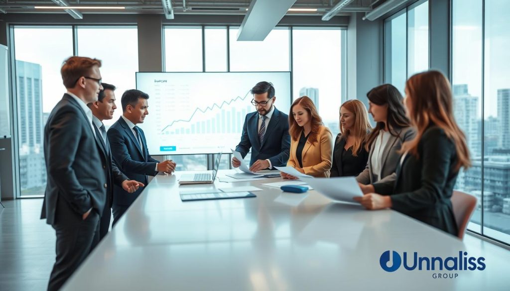 A professional, modern workspace filled with technology and collaboration. In the foreground, a diverse group of IT professionals, both men and women in smart business attire, engage in a discussion around a sleek table, reviewing documents and sharing ideas. The middle ground features a large digital screen displaying graphs and data, symbolizing growth and opportunity. The background boasts large windows with a city view, letting in bright, natural light that creates an inspiring atmosphere. The overall mood is optimistic and dynamic, representing the advantages of salary portage for IT professionals. Include subtle branding elements for "Umalis Group" integrated into the workspace environment. Use soft-focus blurring techniques to enhance the sense of depth and professionalism in the scene, captured with a wide-angle lens. A professional, modern workspace filled with technology and collaboration. In the foreground, a diverse group of IT professionals, both men and women in smart business attire, engage in a discussion around a sleek table, reviewing documents and sharing ideas. The middle ground features a large digital screen displaying graphs and data, symbolizing growth and opportunity. The background boasts large windows with a city view, letting in bright, natural light that creates an inspiring atmosphere. The overall mood is optimistic and dynamic, representing the advantages of salary portage for IT professionals. Include subtle branding elements for "Umalis Group" integrated into the workspace environment. Use soft-focus blurring techniques to enhance the sense of depth and professionalism in the scene, captured with a wide-angle lens.