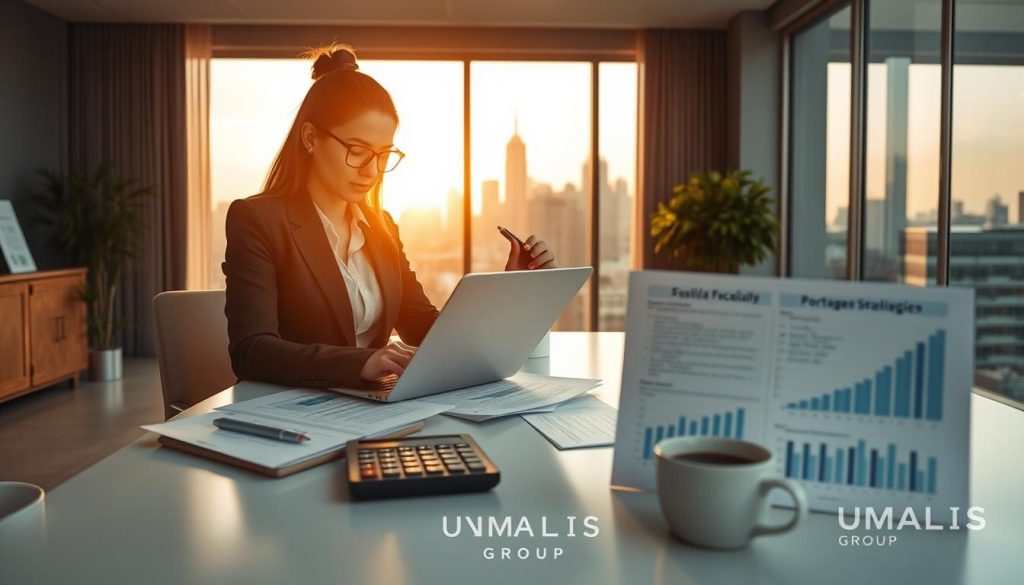A professional, modern workspace illustrating "Optimisation fiscale portage salarial". In the foreground, a confident female consultant in a smart business outfit analyzes financial documents on her laptop, surrounded by charts and graphs showcasing tax optimization strategies. In the middle, a sleek, minimalist desk with a stylish plant, a calculator, and a cup of coffee creating an inviting environment. In the background, a large window revealing a city skyline bathed in warm, natural light, evoking a sense of opportunity and growth. The atmosphere is focused and productive, reflecting the theme of financial empowerment for independents. Incorporate subtle branding elements of "UMALIS GROUP" within the workspace, ensuring it blends seamlessly into the scene.