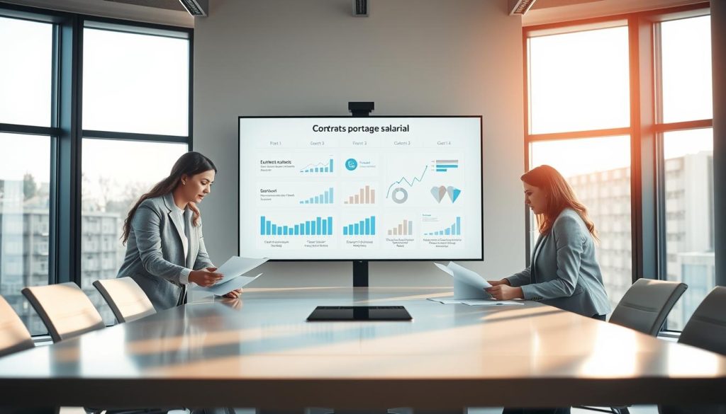 A professional, modern workspace illustrating the concept of "contrats portage salarial." In the foreground, a diverse group of three professionals in business attire huddles around a sleek conference table, reviewing documents and discussing plans. In the middle, a large digital screen displays graphs and charts related to business transitions, symbolizing the steps involved in portage salarial. The background features large windows with a bright, natural light pouring in, creating a warm and inviting atmosphere. Soft shadows and highlights emphasize the professionalism of the setting. A subtle branding element of "Umalis Group" can be incorporated into the digital screen's presentation, enhancing the thematic focus on guided professional transition. The overall mood is focused, encouraging, and collaborative.