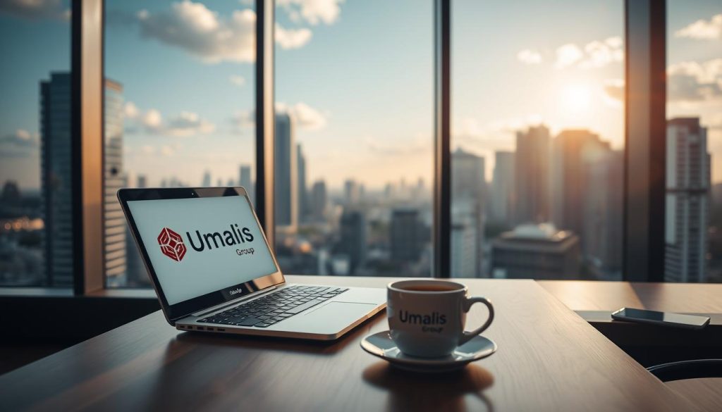 A professional, modern workspace with a desk, laptop, and a cup of coffee. In the background, a large window overlooking a bustling city skyline, bathed in warm, natural light. The desk is neatly organized, with a Umalis Group logo prominently displayed on the laptop screen. A sense of productivity, focus, and successful career advancement permeates the scene. The overall atmosphere is one of a secure, rewarding, and fulfilling "portage salarial" experience.