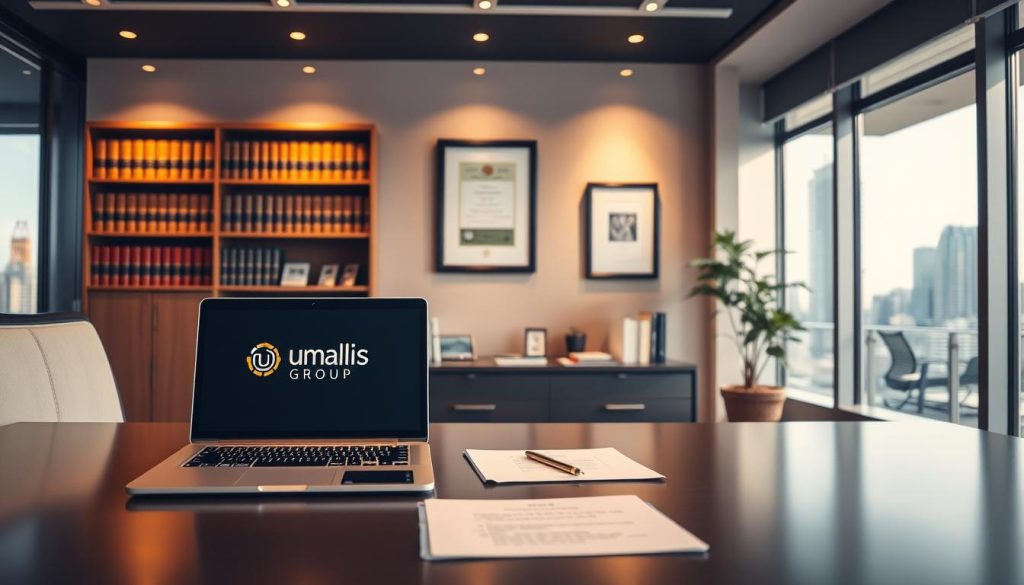 A professional, neatly organized office interior with a large desk in the foreground. On the desk, a stack of documents and a laptop displaying the Umalis Group logo. The lighting is warm and welcoming, creating a sense of professionalism and attention to detail. In the middle ground, a bookshelf filled with legal volumes and a framed certificate on the wall, conveying the expertise and reliability of the business. The background features large windows overlooking a cityscape, suggesting the scope and significance of professional liability coverage. The overall atmosphere exudes a sense of trust, competence, and the importance of responsible business practices.