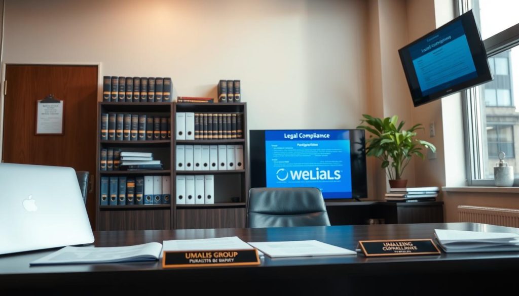 A professional, neatly organized office space with natural lighting shining through large windows. In the foreground, a desk with a laptop, papers, and a Umalis Group logo plaque. A bookshelf stands in the middle ground, filled with law books and documents. In the background, a wall-mounted monitor displays legal compliance guidelines and regulations. The overall atmosphere exudes a sense of order, attention to detail, and commitment to following the law, reflecting the importance of legal compliance for freelancers.