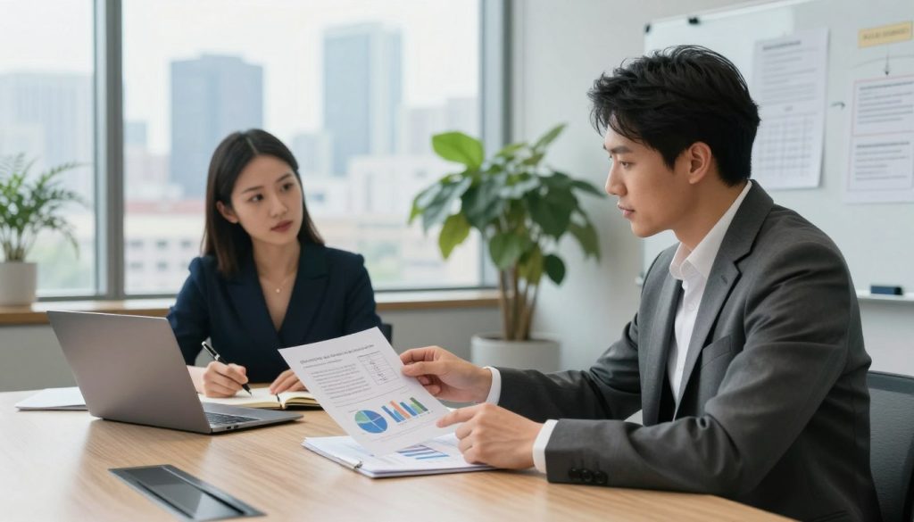 A professional negotiation scene featuring two individuals seated at a modern conference table. In the foreground, a man in a tailored suit is pointing at a document with graphs and numbers, demonstrating a confident demeanor. Beside him, a woman in a smart business dress is listening intently, taking notes on her laptop, exuding professionalism. The middle section showcases a large window with a city skyline view, filtering in soft, natural light that highlights the participants’ focused expressions. In the background, there are potted plants and a whiteboard with strategic notes. The atmosphere conveys collaboration and determination, symbolizing the negotiation of rates in a freelance context.