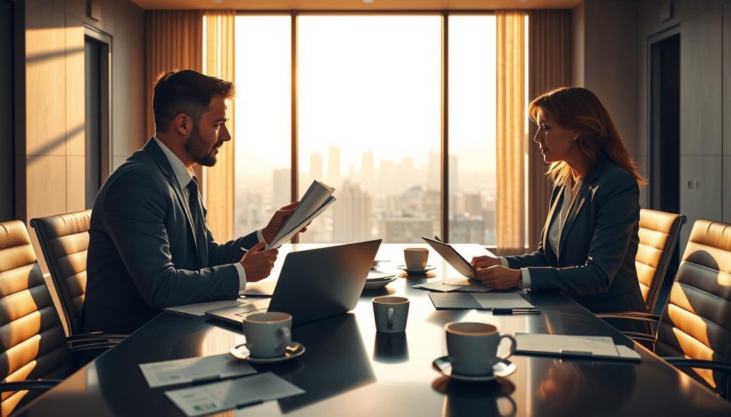 A professional negotiation scene set in a modern office space. In the foreground, two business professionals, a man and a woman, are engaged in a discussion over a sleek conference table, dressed in smart business attire. The woman gestures confidently with documents in her hand, while the man listens attentively, taking notes on a digital tablet. In the middle ground, a large window reveals a cityscape bathed in warm afternoon light, casting soft shadows across the room. Papers, a laptop, and coffee cups are scattered on the table, creating a dynamic work environment. The atmosphere is focused and collaborative, conveying determination and professionalism, with warm lighting enhancing the inviting ambiance.