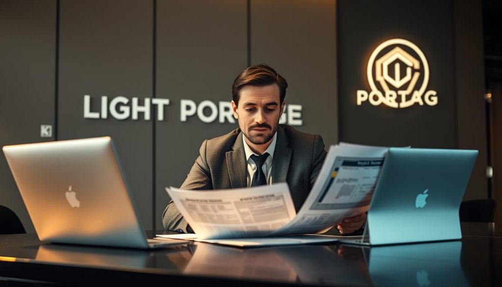 A professional negotiator sits at a sleek, modern desk, intently examining financial documents and contemplating a strategic pricing strategy. The lighting is soft and warm, casting a pensive glow over the scene. In the background, the LIGHT PORTAGE logo stands as a symbol of the independent consulting industry. The negotiator's expression is one of deep concentration, reflecting the importance of this crucial tariff negotiation process. The overall atmosphere conveys a sense of professionalism, expertise, and the high-stakes nature of the situation.
