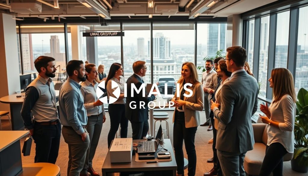 A professional network in a co-working space, with the UMALIS GROUP brand prominently displayed. The scene features a group of well-dressed individuals engaged in lively discussions, sharing ideas and collaborating. The lighting is warm and inviting, creating a comfortable and productive atmosphere. The middle ground showcases a variety of modern office furniture and equipment, while the background reveals a sleek, contemporary interior design with large windows overlooking a bustling city skyline. The overall composition conveys a sense of connection, community, and the synergy of a thriving professional network.