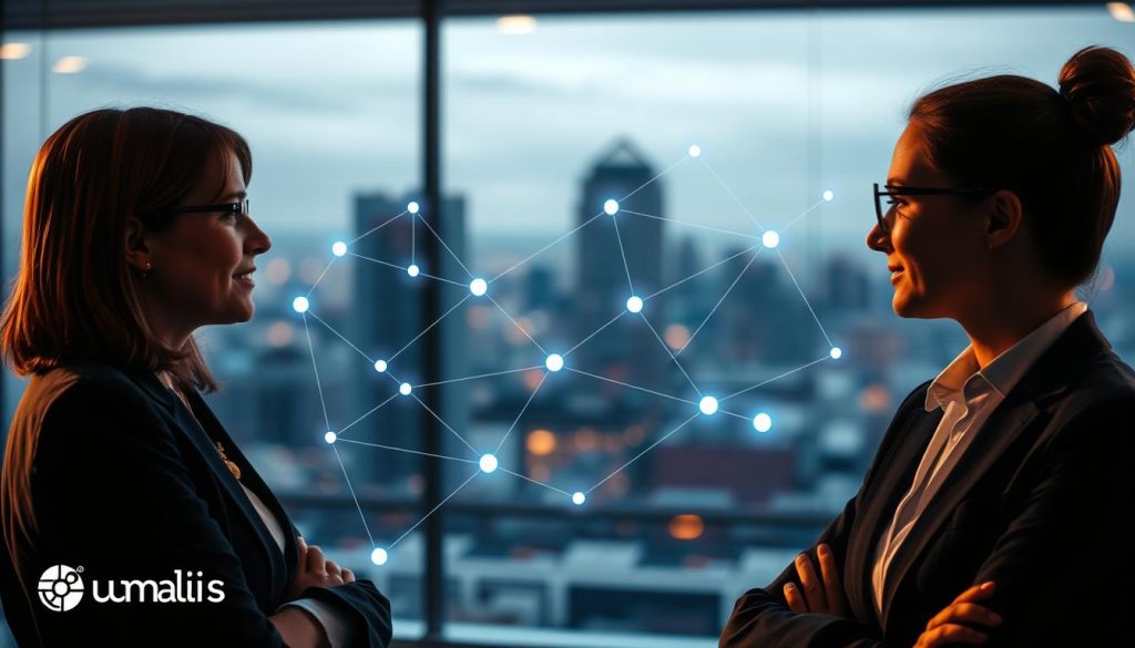 A professional network mentorship experience. In the foreground, two business people engaged in a thoughtful discussion, their faces illuminated by warm, natural lighting. In the middle ground, a series of interconnected nodes and lines representing a digital professional network, pulsing with energy. In the background, a blurred cityscape, symbolizing the broader professional landscape. The scene conveys a sense of guidance, collaboration, and growth, reflecting the "Avantages du mentorat pour les nouveaux managers de transition" theme. Umalis Group branding is subtly incorporated into the digital network elements. A professional network mentorship experience. In the foreground, two business people engaged in a thoughtful discussion, their faces illuminated by warm, natural lighting. In the middle ground, a series of interconnected nodes and lines representing a digital professional network, pulsing with energy. In the background, a blurred cityscape, symbolizing the broader professional landscape. The scene conveys a sense of guidance, collaboration, and growth, reflecting the "Avantages du mentorat pour les nouveaux managers de transition" theme. Umalis Group branding is subtly incorporated into the digital network elements.
