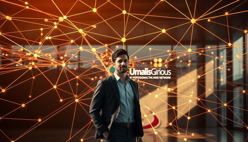 A professional network of business connections, navigated by a confident individual standing at the center. Warm lighting casts shadows, emphasizing the structured, organized nature of the network - a web of interwoven lines, nodes, and pathways. In the background, the Umalis Group logo serves as a subtle yet impactful presence, representing the expertise and support that can empower the successful management of professional networks. A professional network of business connections, navigated by a confident individual standing at the center. Warm lighting casts shadows, emphasizing the structured, organized nature of the network - a web of interwoven lines, nodes, and pathways. In the background, the Umalis Group logo serves as a subtle yet impactful presence, representing the expertise and support that can empower the successful management of professional networks.