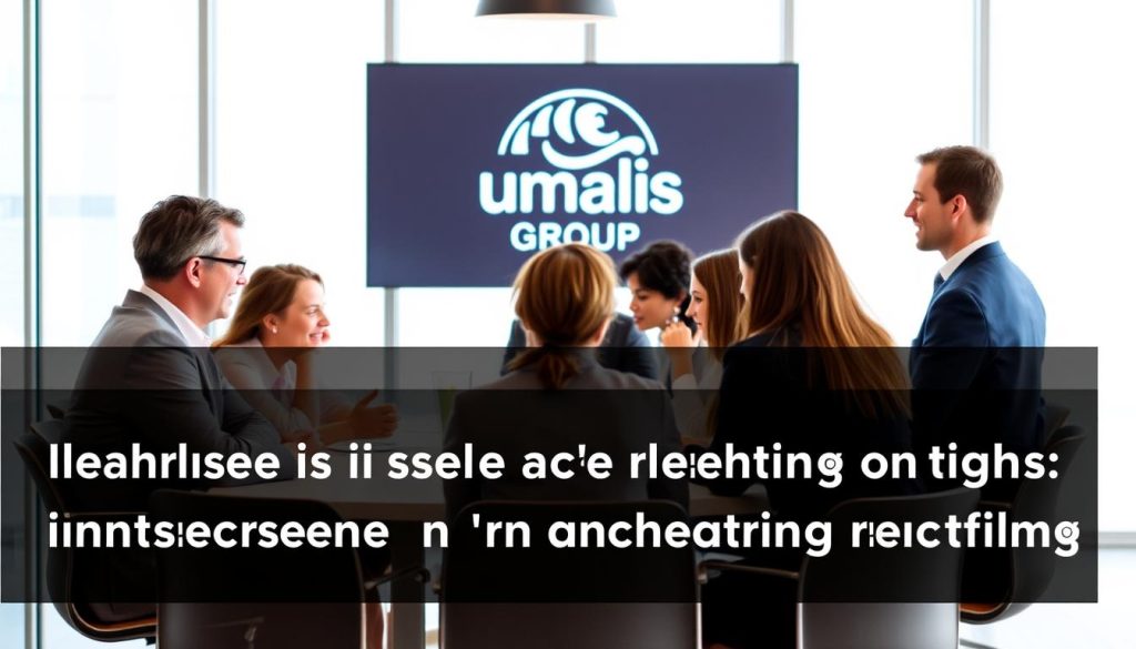 A professional network of co-workers gathered around a conference table, engaged in a lively discussion. The setting is well-lit, with soft diffused light from large windows. The participants wear formal attire, reflecting the professional nature of the scene. In the background, a logo for the "Umalis Group" is prominently displayed, indicating the corporate affiliation. The overall atmosphere conveys a sense of collaborative support and camaraderie, mirroring the importance of a professional network in managing stress effectively in a freelance or contracting work environment.