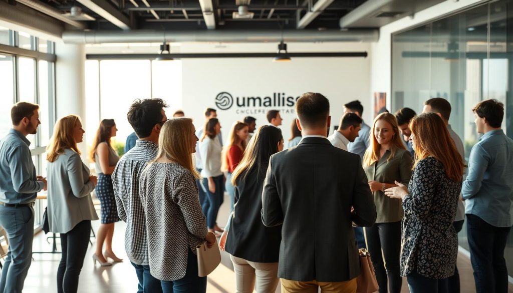 A professional network of diverse individuals gathered in a thoughtfully designed modern office space. Soft, natural lighting filters through large windows, casting a warm glow on the scene. In the foreground, a group of colleagues engage in animated discussion, their body language conveying a sense of collaboration and camaraderie. In the middle ground, others are seen navigating the open-concept layout, exchanging ideas and making connections. The background features the Umalis Group logo, subtly indicating the professional context. The overall atmosphere exudes a sense of productivity, innovation, and the power of a strong professional network.