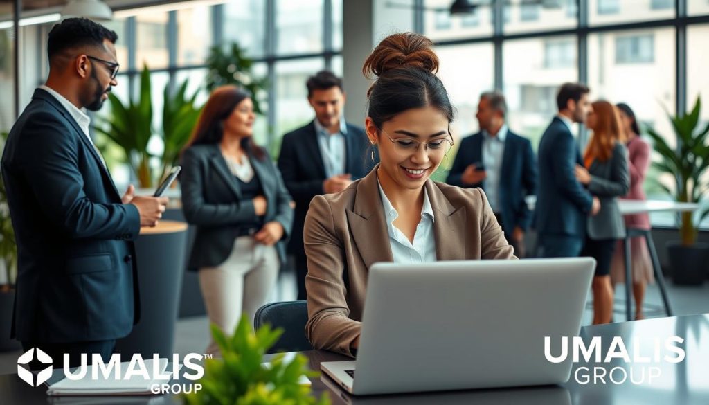 A professional network optimization scene featuring a diverse group of individuals in a modern office environment. In the foreground, a focused professional woman wearing business attire is working on a laptop with charts and graphs displayed, symbolizing profile enhancement. In the middle ground, colleagues engage in conversation and networking, sharing ideas with a sense of collaboration and positivity. The background showcases a sleek office space with large windows allowing natural light, plants adding a touch of greenery, and a modern aesthetic. The atmosphere is vibrant and motivating, reflecting opportunities for growth and connection. Include the branding of "UMALIS GROUP" subtly integrated into the office decor, ensuring it complements the overall professional setting.