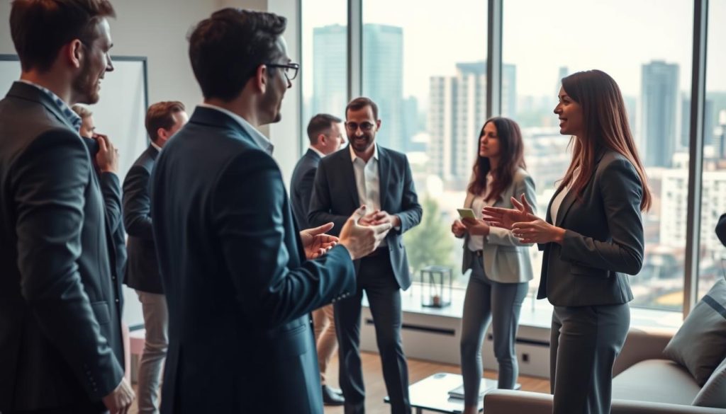 A professional networking environment with people engaged in meaningful discussions, brainstorming ideas, and building connections. A well-lit office setting with modern furniture and minimalist decor. Figures in the foreground are gesturing animatedly, while others in the middle ground are exchanging business cards and shaking hands. The background features a large window overlooking an urban skyline, creating a sense of dynamism and opportunity. The lighting is soft and natural, highlighting the collaborative and productive atmosphere. The composition emphasizes the interconnectedness and synergy of a thriving professional support network.