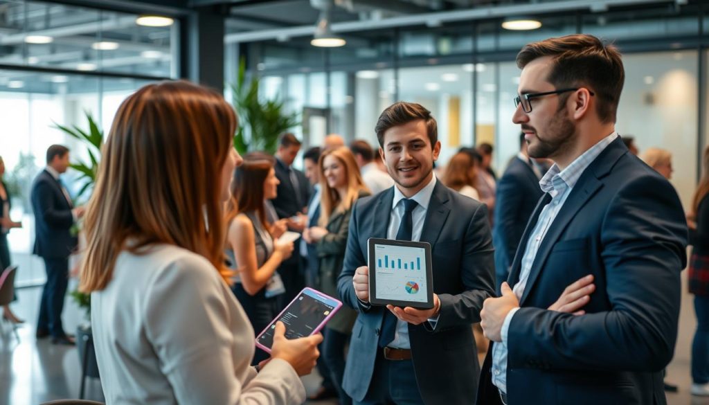 A professional networking event scene centered around "portage salarial". In the foreground, three professionals in business attire are engaged in a discussion, with one presenting a digital tablet displaying charts. In the middle ground, more attendees are mingling, some exchanging business cards, showcasing a diverse group of people. The background features a modern office-like setting, with glass walls, plants, and soft ambient lighting creating a welcoming atmosphere. The lens captures the scene with a slight depth of field, focusing on the conversation while softly blurring the background activities. The overall mood is vibrant, collaborative, and professional, embodying the spirit of networking within 'portage salarial' as represented by UMALIS GROUP. A professional networking event scene centered around "portage salarial". In the foreground, three professionals in business attire are engaged in a discussion, with one presenting a digital tablet displaying charts. In the middle ground, more attendees are mingling, some exchanging business cards, showcasing a diverse group of people. The background features a modern office-like setting, with glass walls, plants, and soft ambient lighting creating a welcoming atmosphere. The lens captures the scene with a slight depth of field, focusing on the conversation while softly blurring the background activities. The overall mood is vibrant, collaborative, and professional, embodying the spirit of networking within 'portage salarial' as represented by UMALIS GROUP.