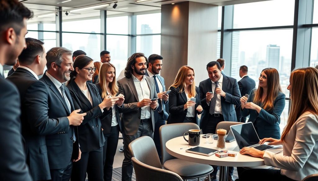 A professional networking event scene set in an upscale office environment. In the foreground, a diverse group of consultants in smart business attire, actively engaging and exchanging business cards while smiling, showcasing a friendly and collaborative atmosphere. In the middle ground, circular tables with laptops and coffee cups, where small groups are discussing strategies and innovations, with hands gesturing enthusiastically. The background features large windows with city skyline views, letting in natural light, creating a warm and inviting ambiance. The image conveys a sense of opportunity and connection, highlighting the importance of networking in a professional context, with soft focus on the background to emphasize the consultants at work. A professional networking event scene set in an upscale office environment. In the foreground, a diverse group of consultants in smart business attire, actively engaging and exchanging business cards while smiling, showcasing a friendly and collaborative atmosphere. In the middle ground, circular tables with laptops and coffee cups, where small groups are discussing strategies and innovations, with hands gesturing enthusiastically. The background features large windows with city skyline views, letting in natural light, creating a warm and inviting ambiance. The image conveys a sense of opportunity and connection, highlighting the importance of networking in a professional context, with soft focus on the background to emphasize the consultants at work.