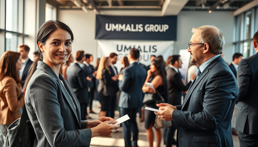 A professional networking event scene that illustrates the advantages of "portage salarial," featuring a diverse group of well-dressed individuals engaged in animated discussions. In the foreground, a smiling woman in a tailored suit exchanges business cards with a man in smart attire, showcasing collaboration. The middle ground includes small clusters of professionals, engaged in deep conversation, illustrating networking dynamics. In the background, a banner displaying "UMALIS GROUP" adds a sense of branding and focus. The venue is bright and modern, with soft natural lighting filtering through large windows, creating an inviting atmosphere. The overall mood is energetic and optimistic, emphasizing growth and opportunity in professional relationships.
