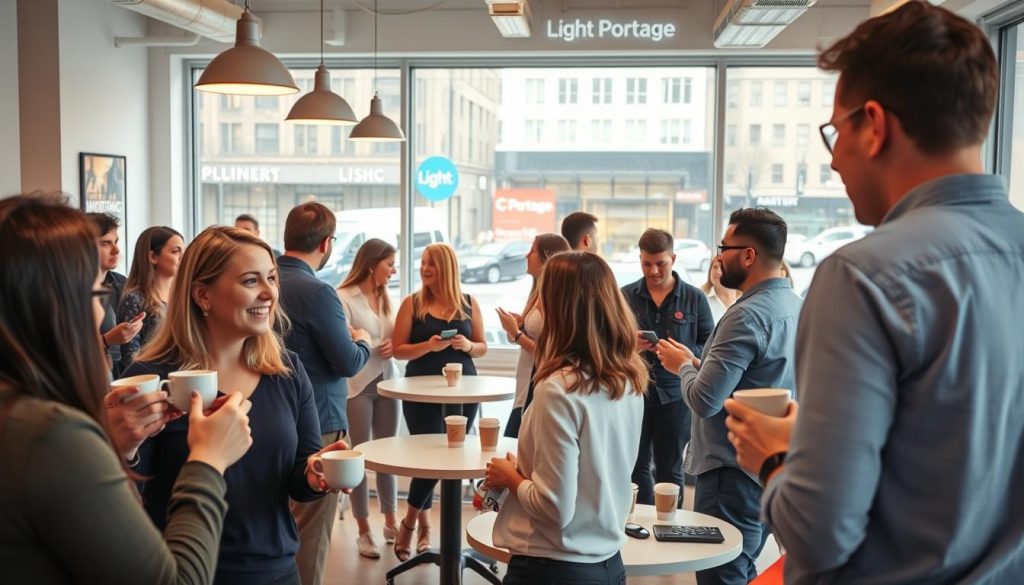 A professional networking event taking place in a bright, airy co-working space. In the foreground, a group of freelancers engaged in lively discussion, gesturing animatedly over cups of coffee. The middle ground features a series of round tables where individuals are exchanging business cards and discussing potential collaborations, all under the warm glow of pendant lighting. In the background, a large window overlooking a bustling city street, the "Light Portage" logo prominently displayed. The overall atmosphere conveys a sense of opportunity, connection, and the dynamic nature of the freelance lifestyle.