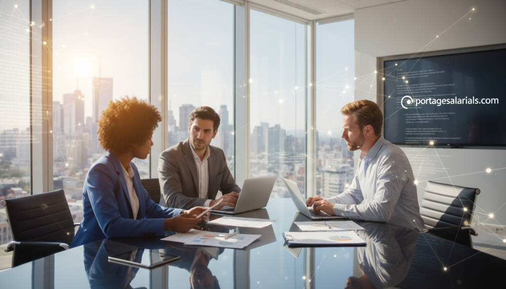 A professional networking meeting in a bright, modern office space. In the foreground, a diverse group of three professionals, one Black woman and two Caucasian men, wearing smart business attire, engaging in a discussion over laptops and documents on a sleek conference table. In the middle ground, a large window letting in natural light, with the city skyline visible outside, symbolizing opportunity and connection. In the background, abstract images of interconnected networks and digital data streams subtly overlay the scene, representing the concept of “prospection réseau” and visibility transformation. The atmosphere is one of collaboration and possibility, with warm lighting and a focus on professionalism. Include the brand name "portagesalarials.com" cleverly integrated into the design elements or on a display screen in the background.