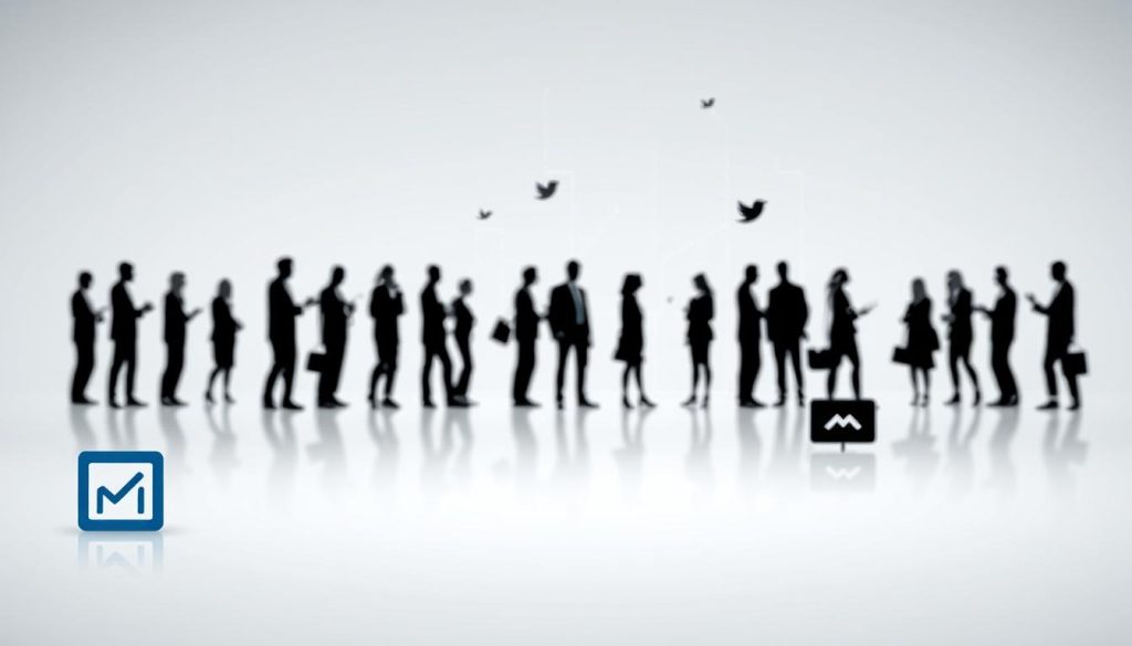 A professional networking platform set against a clean, minimalist backdrop. In the foreground, sleek icons representing various social media and communication channels - LinkedIn, Twitter, email, video conferencing. The middle ground features silhouettes of people connecting, collaborating, and exchanging ideas. The background has a subtle grid pattern or abstract geometric shapes, symbolizing the interconnected nature of online professional networks. Lighting is soft and diffused, creating a sense of professionalism and productivity. The overall mood is one of efficiency, purpose, and opportunity for growth and advancement.