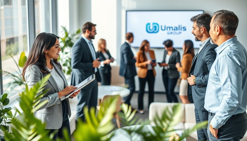 A professional networking scene depicting a diverse group of individuals engaging in conversation and collaboration, all dressed in smart business attire. In the foreground, a confident woman with a laptop discusses strategy with a man gesturing to a digital tablet. In the middle ground, several small groups exchange ideas, surrounded by modern office furniture, green plants, and soft natural lighting filtering through large windows. In the background, an informative display featuring the logo "Umalis Group" is visible, emphasizing professional support. The atmosphere is dynamic and collaborative, exuding a sense of trust and potential growth within the framework of a portage salarial environment. The image should be bright and inviting, capturing the essence of building professional relationships and leveraging administrative support. A professional networking scene depicting a diverse group of individuals engaging in conversation and collaboration, all dressed in smart business attire. In the foreground, a confident woman with a laptop discusses strategy with a man gesturing to a digital tablet. In the middle ground, several small groups exchange ideas, surrounded by modern office furniture, green plants, and soft natural lighting filtering through large windows. In the background, an informative display featuring the logo "Umalis Group" is visible, emphasizing professional support. The atmosphere is dynamic and collaborative, exuding a sense of trust and potential growth within the framework of a portage salarial environment. The image should be bright and inviting, capturing the essence of building professional relationships and leveraging administrative support.