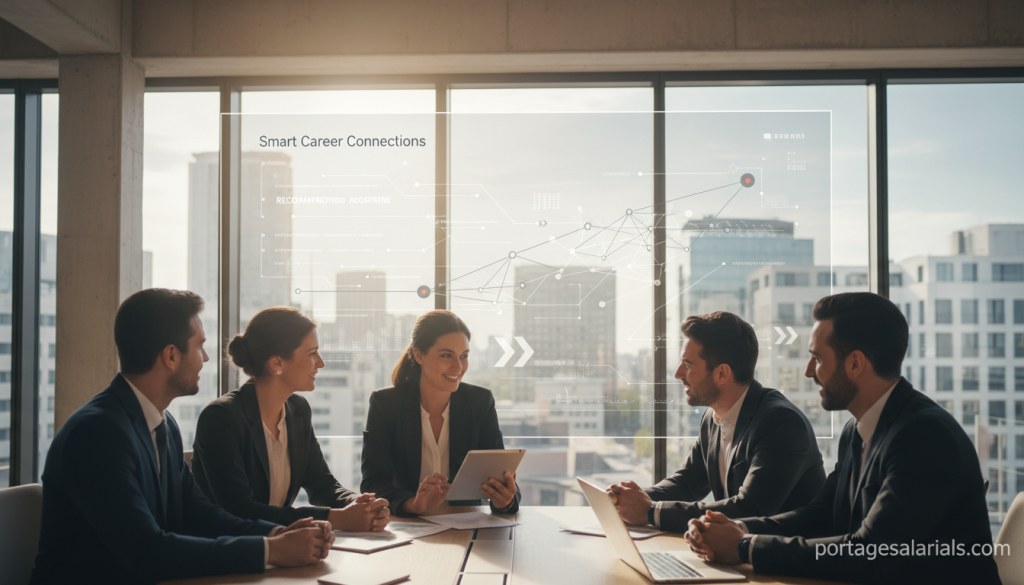 A professional networking scene depicting a lively business meeting in a modern office environment. In the foreground, a group of diverse professionals, dressed in smart business attire, are engaged in a dynamic discussion, exchanging ideas and recommendations. The middle ground showcases a large screen displaying innovative network graphs and recommendation flowcharts, symbolizing the conversion of connections into opportunities. The background features large windows with city views, letting in bright natural light, enhancing the sense of openness and connectivity. The atmosphere is vibrant and motivational, reflecting the theme of career advancement and professional networking. Incorporate the brand name "portagesalarials.com" subtly within the scene, perhaps on a screen or a document being reviewed, reinforcing the connection to enhancing one's career through networking.