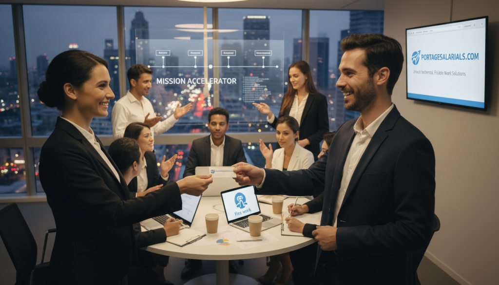 A professional networking scene featuring a diverse group of individuals engaged in conversation and collaboration in a modern office environment. In the foreground, two professionals in business attire, a man and a woman, are exchanging business cards with smiles, highlighting a sense of connection and opportunity. The middle ground showcases a round table with laptops, charts, and coffee cups, symbolizing teamwork and brainstorming. In the background, a panoramic window reveals a bustling cityscape, adding an energetic ambiance to the image. Soft, warm lighting bathes the scene, creating an inviting atmosphere. The overall mood conveys professionalism, collaboration, and the power of networking as an accelerator for missions in freelancing. Portage salarial is subtly represented through visual cues related to flexible work opportunities. Include branding for "portagesalarials.com" in a tasteful manner, affirming the theme of connection and opportunity in professional settings. A professional networking scene featuring a diverse group of individuals engaged in conversation and collaboration in a modern office environment. In the foreground, two professionals in business attire, a man and a woman, are exchanging business cards with smiles, highlighting a sense of connection and opportunity. The middle ground showcases a round table with laptops, charts, and coffee cups, symbolizing teamwork and brainstorming. In the background, a panoramic window reveals a bustling cityscape, adding an energetic ambiance to the image. Soft, warm lighting bathes the scene, creating an inviting atmosphere. The overall mood conveys professionalism, collaboration, and the power of networking as an accelerator for missions in freelancing. Portage salarial is subtly represented through visual cues related to flexible work opportunities. Include branding for "portagesalarials.com" in a tasteful manner, affirming the theme of connection and opportunity in professional settings.
