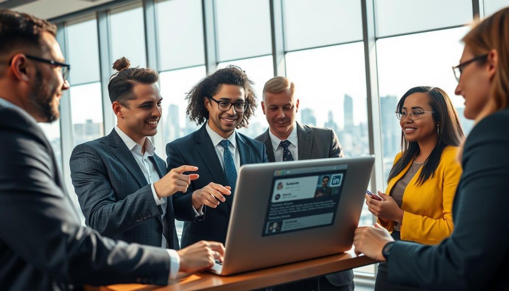 A professional networking scene focused on LinkedIn prospection, featuring a well-dressed group of diverse individuals engaged in a lively discussion around a laptop displaying a LinkedIn profile. In the foreground, two professionals in business attire are exchanging ideas, with one pointing at the screen and the other taking notes. In the middle ground, a backdrop of a modern office with large windows shows a city skyline, suggesting a vibrant work environment. The lighting is bright and inviting, resembling a sunny day, enhancing the positive atmosphere of collaboration. The lens angle is slightly tilted upward to capture both the individuals' expressions and the bustling city outside. Include the brand name "UMALIS GROUP" subtly represented on a visible idea board in the background. A professional networking scene focused on LinkedIn prospection, featuring a well-dressed group of diverse individuals engaged in a lively discussion around a laptop displaying a LinkedIn profile. In the foreground, two professionals in business attire are exchanging ideas, with one pointing at the screen and the other taking notes. In the middle ground, a backdrop of a modern office with large windows shows a city skyline, suggesting a vibrant work environment. The lighting is bright and inviting, resembling a sunny day, enhancing the positive atmosphere of collaboration. The lens angle is slightly tilted upward to capture both the individuals' expressions and the bustling city outside. Include the brand name "UMALIS GROUP" subtly represented on a visible idea board in the background.