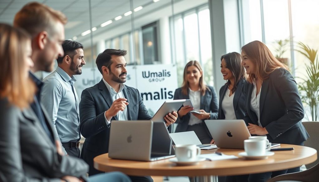 A professional networking scene focused on "Réseau professionnel portage salarial," showcasing a diverse group of experts engaged in animated discussion. In the foreground, two business professionals, a man and a woman, are dressed in smart business attire, sharing insights over a digital tablet. The middle ground features a round table with laptops, documents, and coffee cups, symbolizing collaboration. The background displays a modern office environment with glass walls and subtle greenery, creating a vibrant atmosphere. Soft, natural lighting filters in, adding warmth to the scene. The overall mood is dynamic and inspiring, highlighting teamwork and professionalism, with an emphasis on the branding of "Umalis Group" present in the office setting.